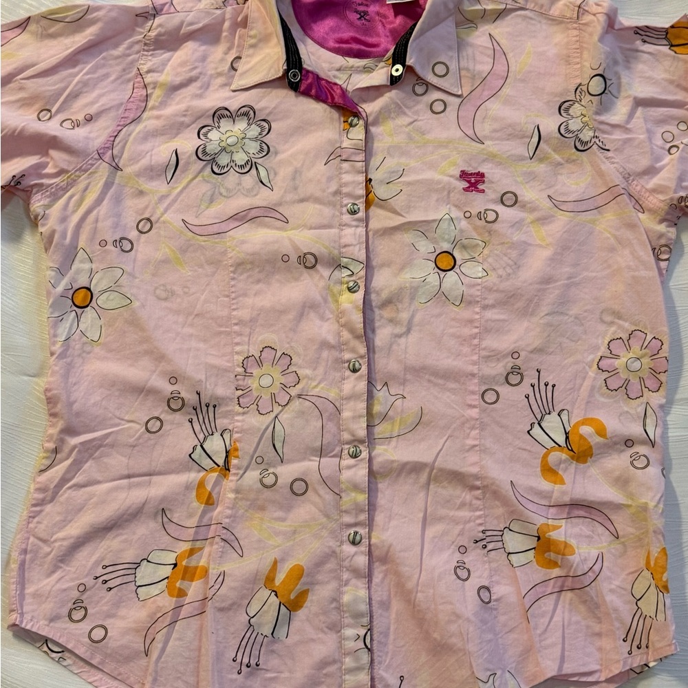 Wrangler Twenty X Tween Floral Western Shirt L Pink Tailored Fit Discontinued